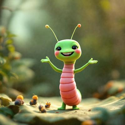 The primary subject of the image is a green and pink cartoon character, which appears to be a small lizard or a similar creature. The character is standing on a leaf-covered ground, surrounded by a forest-like setting. The visual style of the image is digital art, as it is a cartoon character with a vibrant color palette. The colors and mood of the image are lively and cheerful, with the green and pink character exuding a sense of happiness and playfulness.